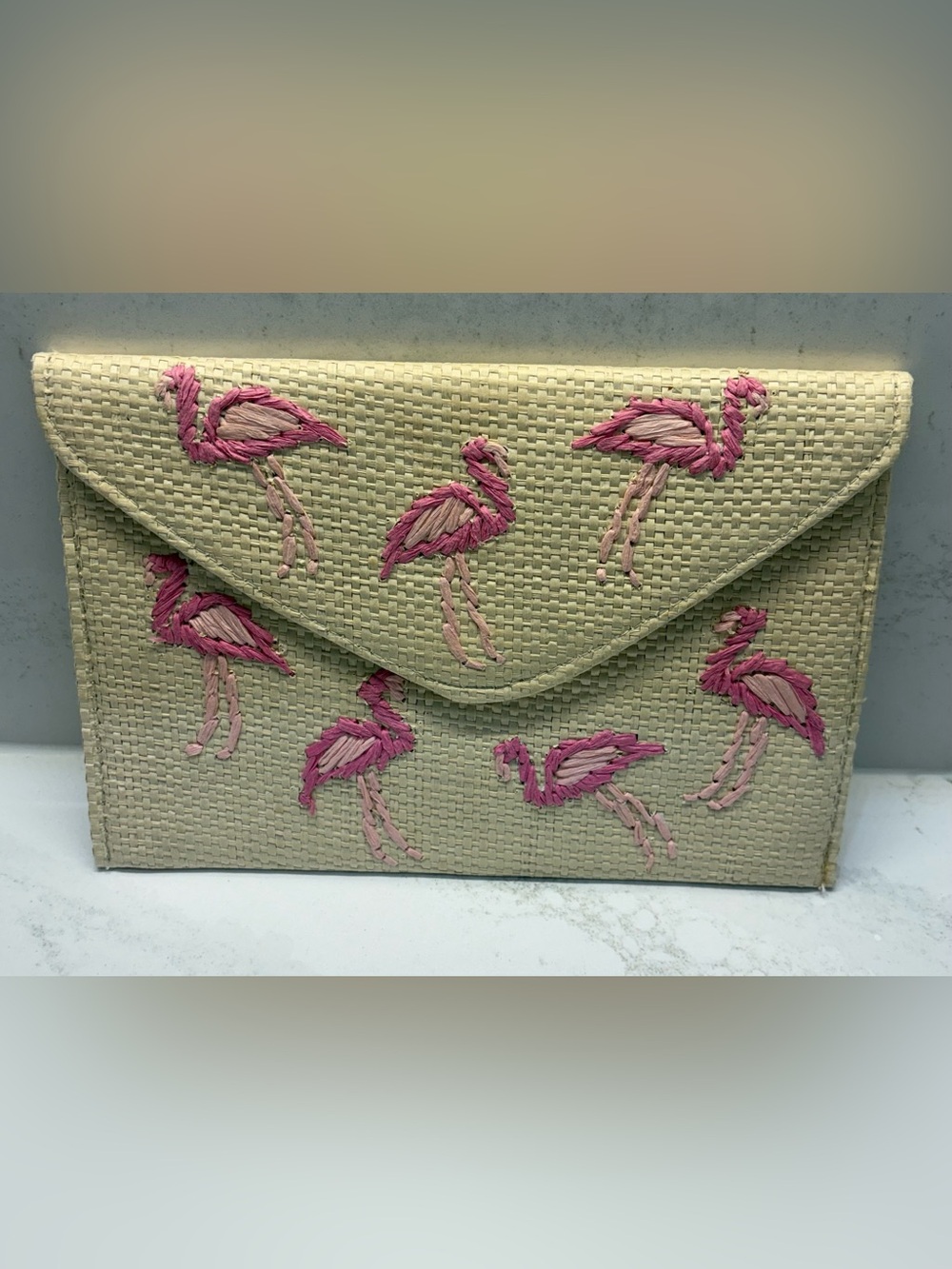 Embroidered Flamingo Woven Clutch - Pink on Light Green